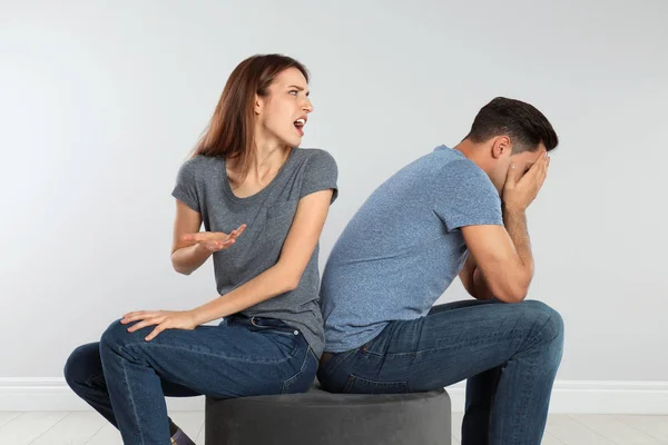 Woman Shouting Her Boyfriend Light Background Relationship Problems — Stock Photo, Image