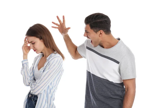 Homem Gritar Com Namorada Fundo Branco Problemas Relacionamento — Fotografia de Stock