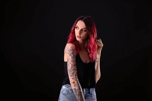 Beautiful Woman Tattoos Arms Black Background — ストック写真