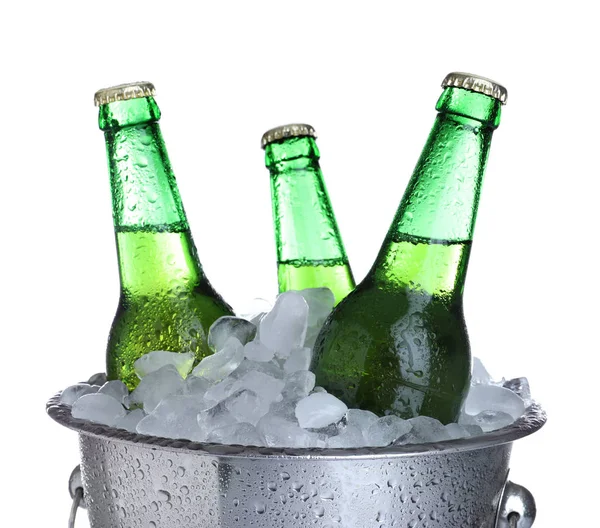 Beer in metal bucket with ice isolated on white — Stock Photo, Image