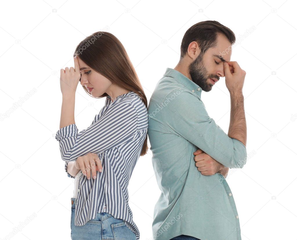 Couple with relationship problems on white background