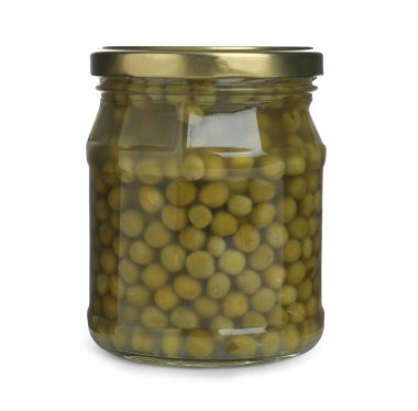 Beyaz üzerinde yeşil bezelye turşusu olan cam kavanoz.