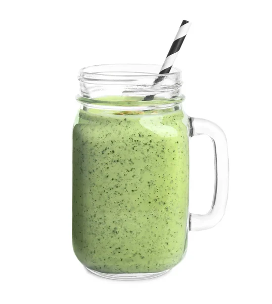 Einmachglas mit grünem Buchweizen-Smoothie isoliert auf weiß — Stockfoto