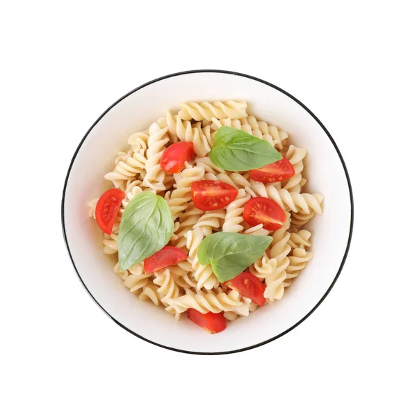 Deliciosa pasta fusilli con tomates aislados en blanco, top vie — Foto de Stock