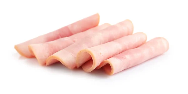 Slices of tasty fresh ham isolated on white — 스톡 사진