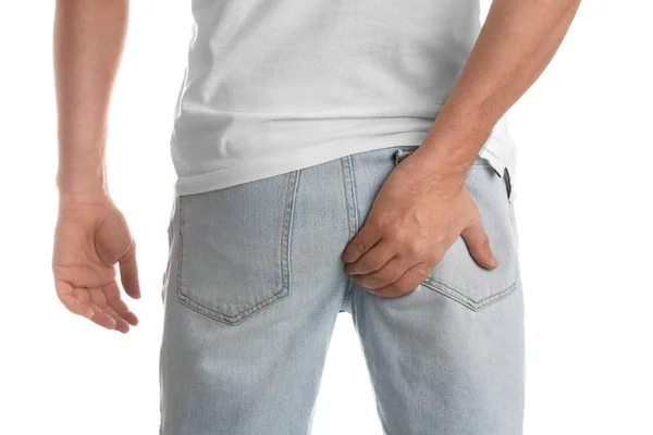 Mann Mit Hämorrhoiden Auf Weißem Hintergrund Nahaufnahme — Stockfoto