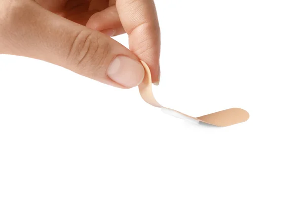 Woman Putting Sticking Plaster White Background First Aid Item — 스톡 사진