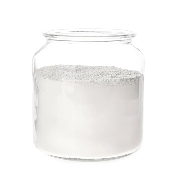 Szerves liszt üvegedényben, fehér alapon izolálva — Stock Fotó