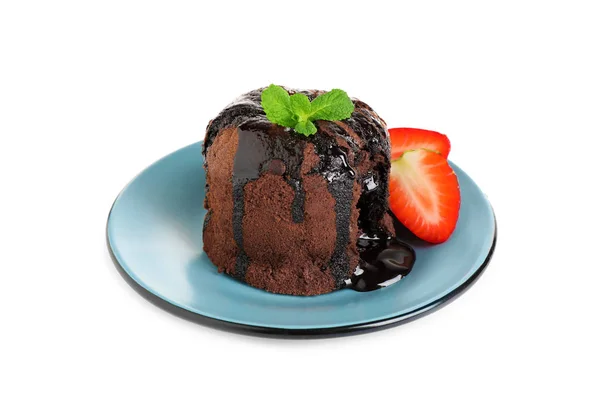 Delicious Warm Chocolate Lava Cake Mint Strawberries Isolated White — Stock Photo, Image