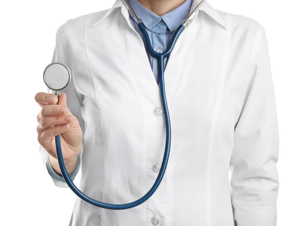 Doktor Stetoskopem Bílém Pozadí Detailní Záběr Lékařská Služba — Stock fotografie