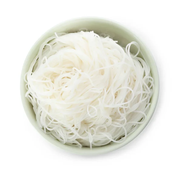 Bowl with rice noodles isolated on white, top view — 스톡 사진