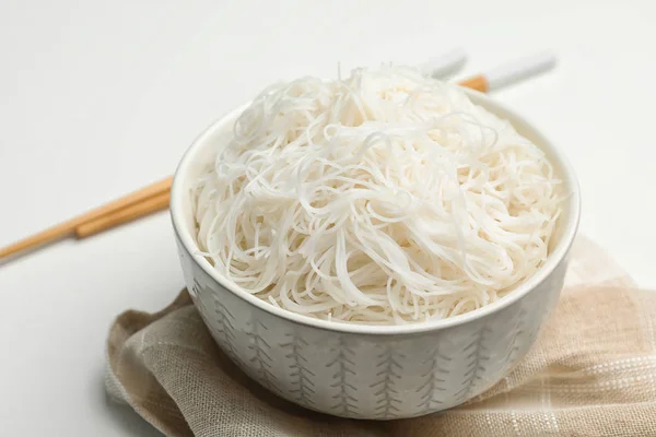 Tasty Cooked Rice Noodles White Table Closeup — 스톡 사진