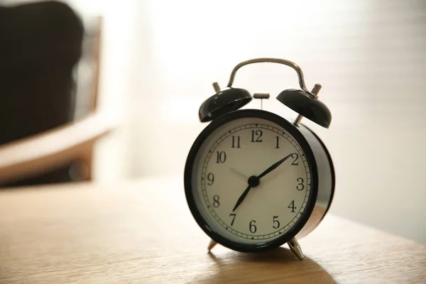 Alarm Clock Wooden Table Home Morning Time — Stock Photo, Image