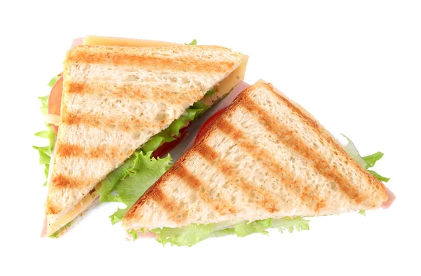 Tasty sandwich with ham on white background, top view — Stock Photo, Image