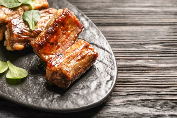 Delicious Grilled Ribs Served Black Wooden Table Closeup Space Text — 스톡 사진