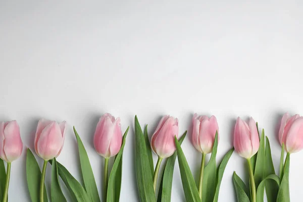 Beautiful pink spring tulips on white background, top view — Stock Photo, Image