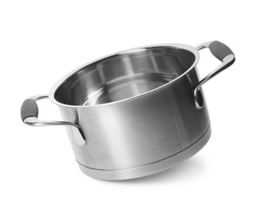 Boş modern çelik tencere beyaza izole edilmiş.