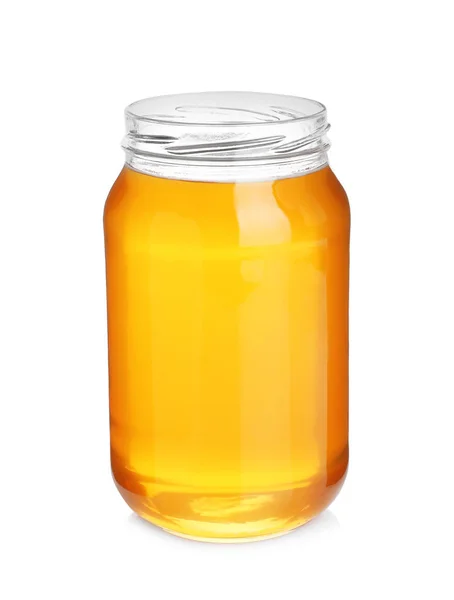 Jar of organic honey isolated on white — Stock Photo, Image