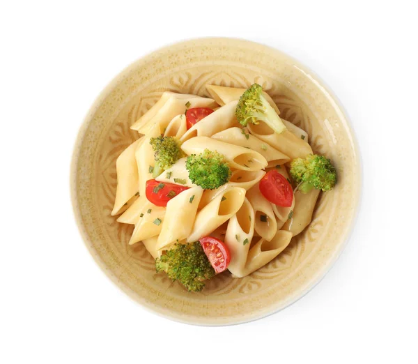 Leckere Pasta mit Kirschtomaten und Brokkoli isoliert auf weiß, — Stockfoto
