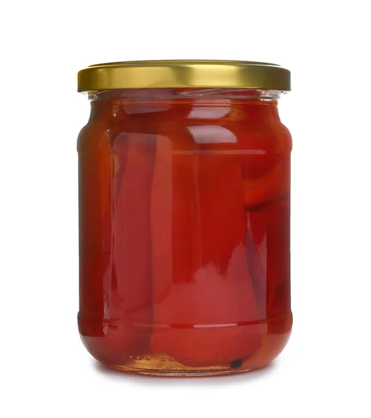 Glazen pot met gepekelde paprika 's geïsoleerd op wit — Stockfoto
