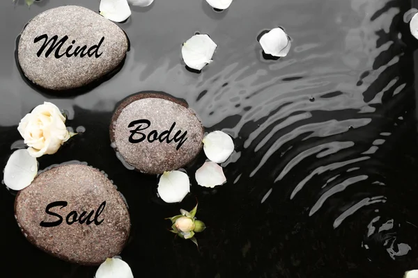 Spa Stones Words Mind Body Soul Rose Petals Water Flat — Stock Photo, Image