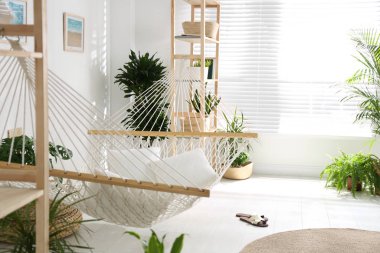 Şık ışık odasında rahat bir hamak. İç tasarım