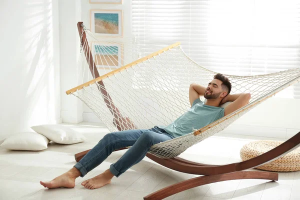 Young Man Relaxing Hammock Home — 스톡 사진