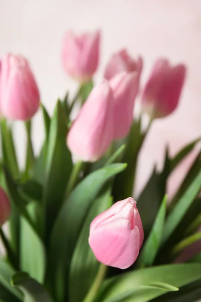 Buquê de belas tulipas primavera no fundo rosa claro, clo — Fotografia de Stock