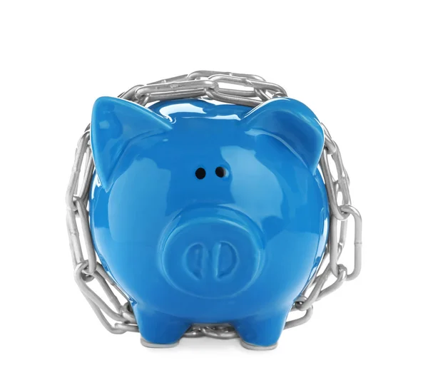 Piggy Bank Met Stalen Ketting Geïsoleerd Wit Geldveiligheidsconcept — Stockfoto