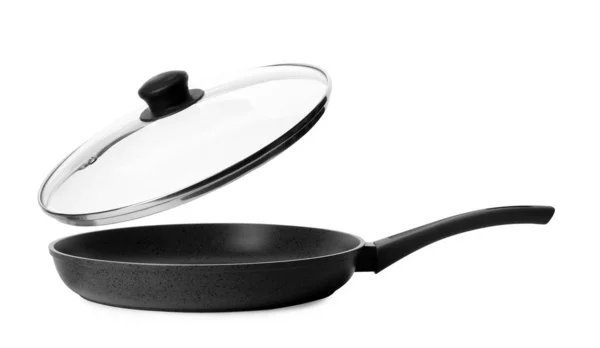 Empty modern frying pan with lid isolated on white — Stock Photo, Image