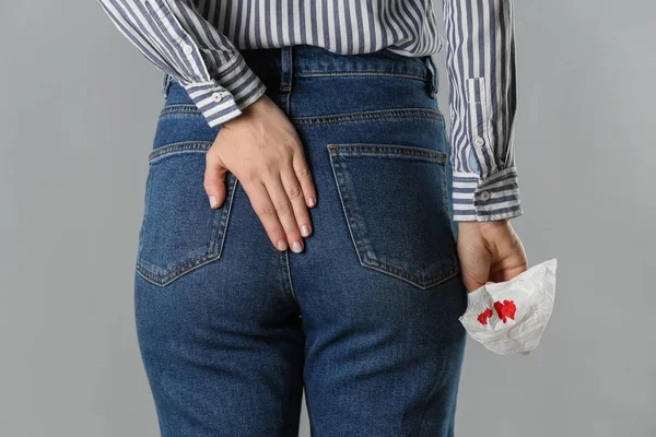 Woman Holding Toilet Paper Blood Stain Light Grey Background Closeup — 스톡 사진