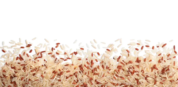 Beyaz Arka Planda Kahverengi Parlatılmış Pirinç Karışımı Üst Manzara — Stok fotoğraf