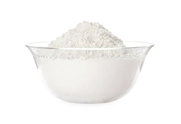 Tepung organik dalam mangkuk kaca terisolasi pada warna putih — Stok Foto