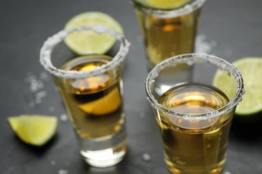 Meksika tekilası, tuz ve limon dilimleri gri masada, yakın plan.