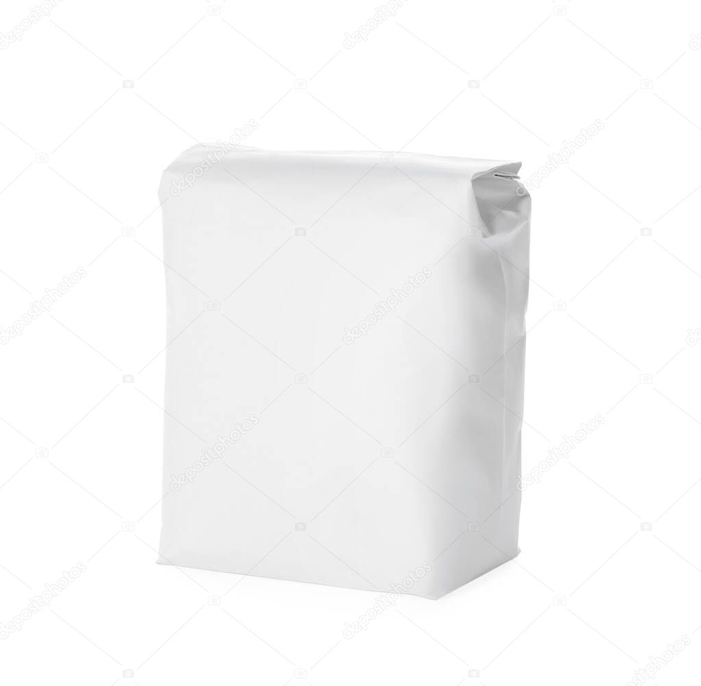 Pack of flour isolated on white. Mockup for design