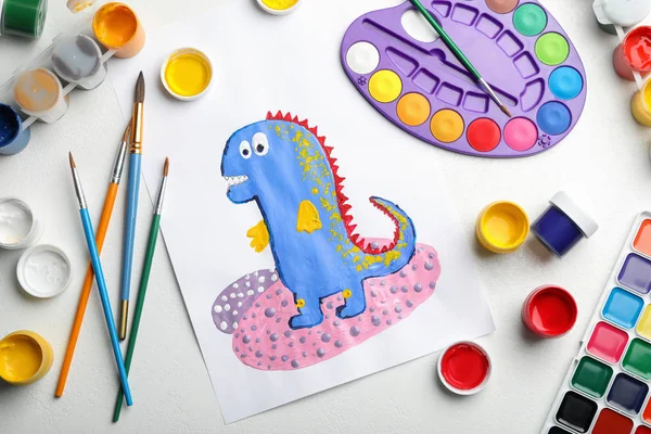 Flat Lay Composition Child Painting Dinosaur White Table — 스톡 사진