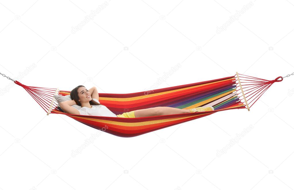 Woman resting in hammock on white background