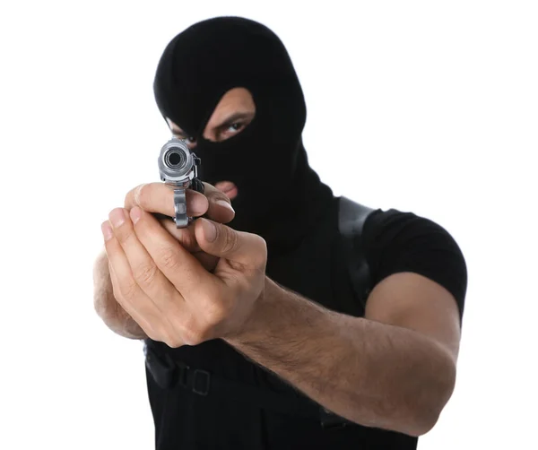 Profi-Killer mit Pistole auf weißem Hintergrund — Stockfoto