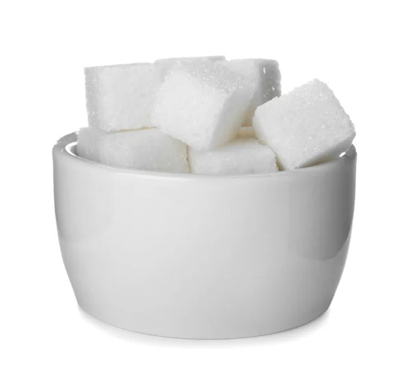 Refined sugar cubes in bowl isolated on white — Stock Photo, Image