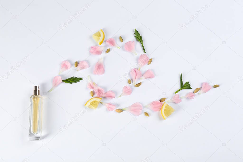 Flat lay composition with bottle of perfume on white background