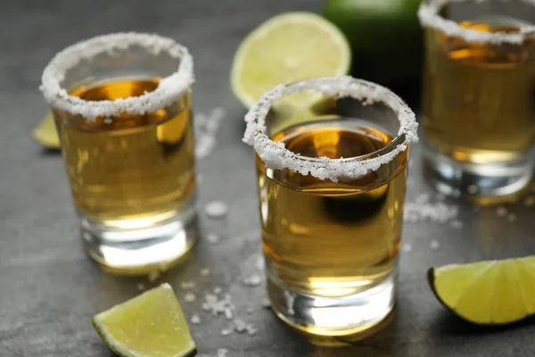 Mexican Tequila Shots Lime Slices Salt Grey Table — Stock Photo, Image