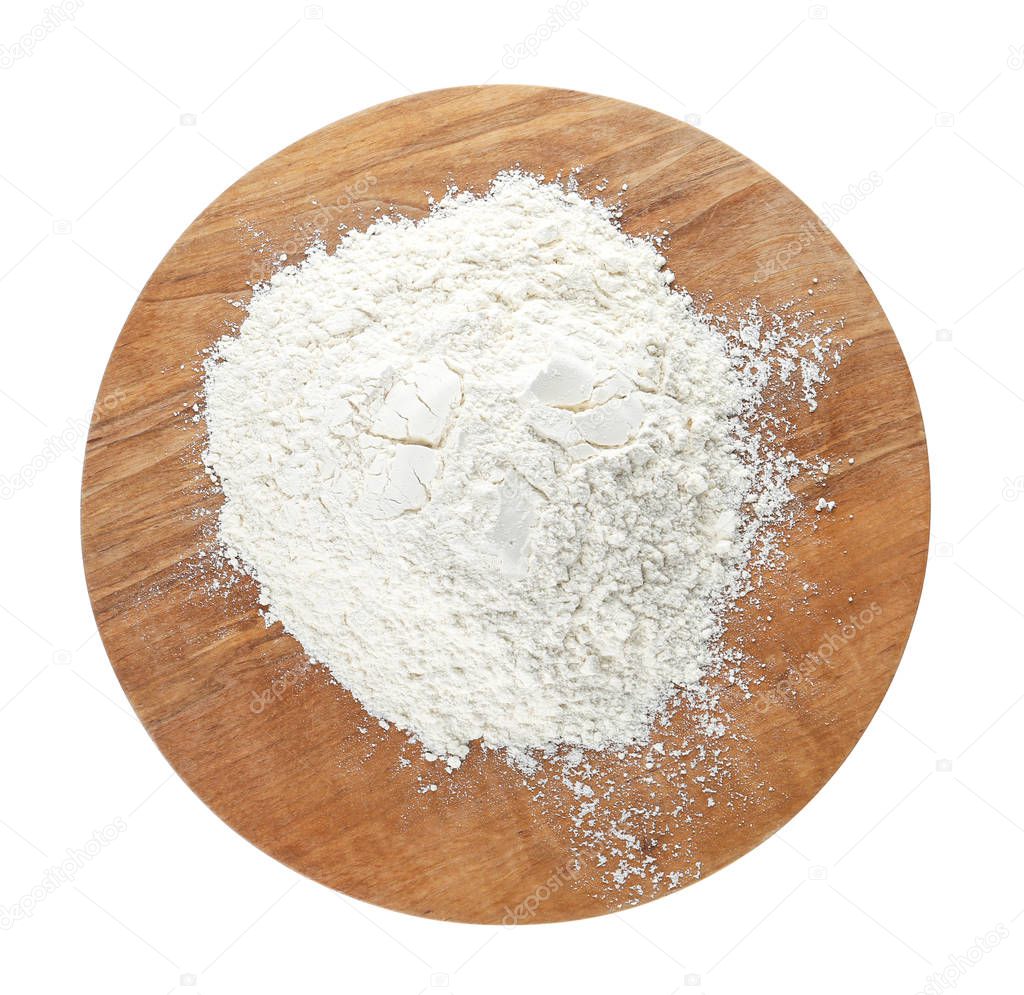 Pile of flour isolated on white, top view