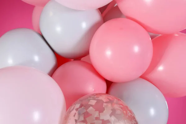 Bellissimi Palloncini Colorati Sfondo Rosa Primo Piano — Foto Stock