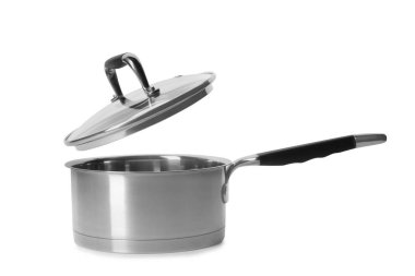 Empty modern steel saucepan with lid isolated on white