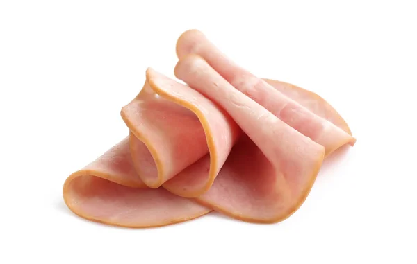 Fette di prosciutto fresco saporito isolato su bianco — Foto Stock