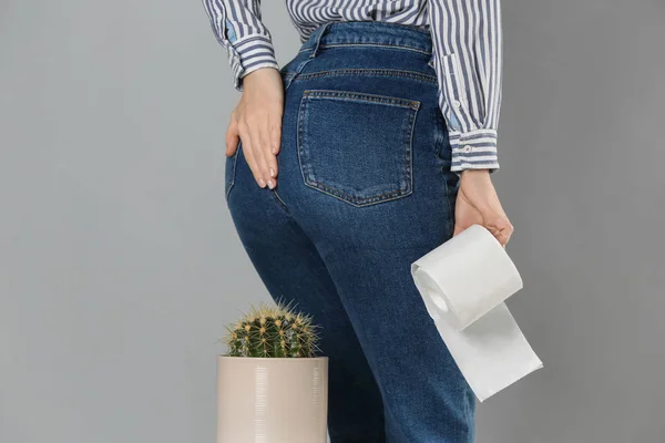 Woman Toilet Paper Sitting Cactus Light Grey Background Closeup Hemorrhoid — ストック写真