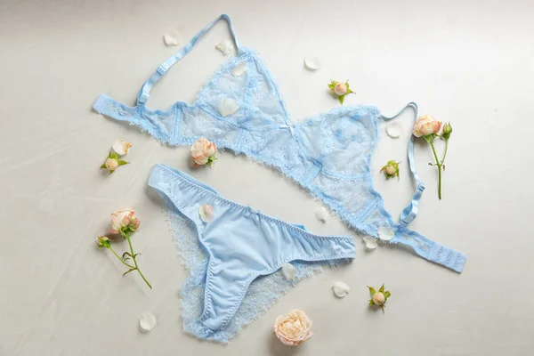 Sexy Women Underwear Flowers Light Background Flat Lay — 스톡 사진