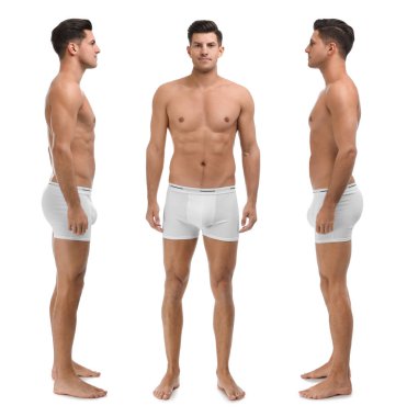 Beyaz arka planda iç çamaşırlı adam kolajı