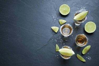 Gri masada tuz ve limon dilimli Meksika tekila shot 'ı. Metin için boşluk