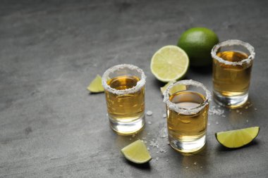 Meksika tekilası, limon dilimleri ve gri masada tuz.